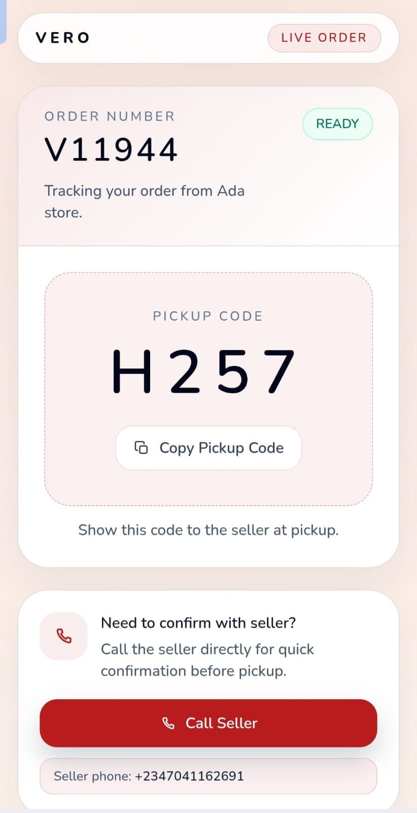 Pickup code when ready - Vero - Smart ordering for stores