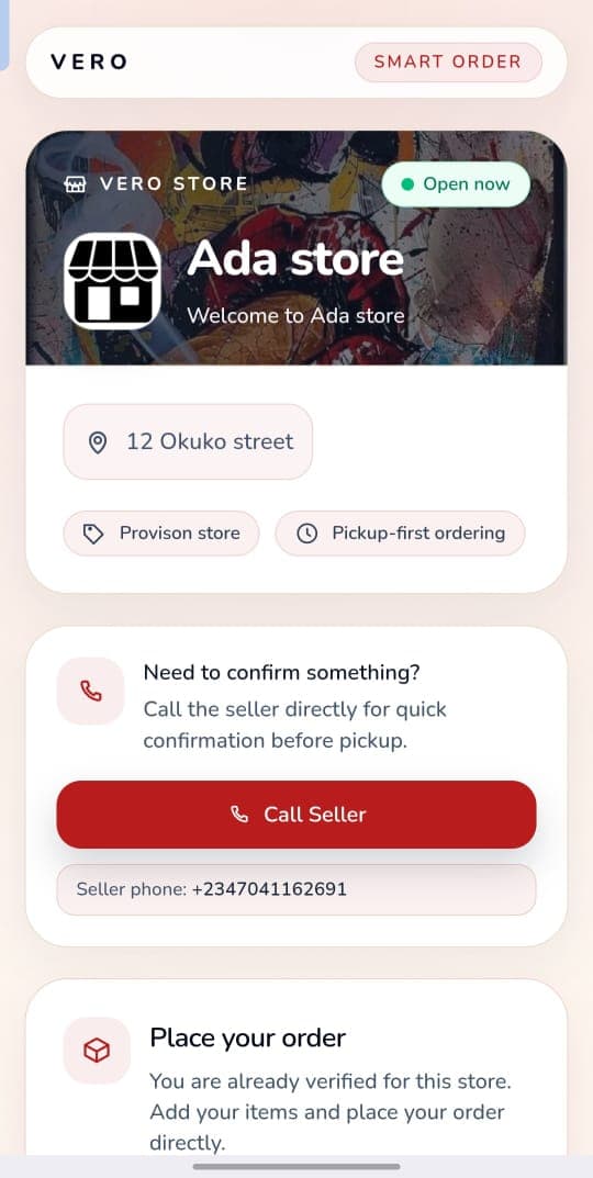 Customer opens store link - Vero - Smart ordering for stores
